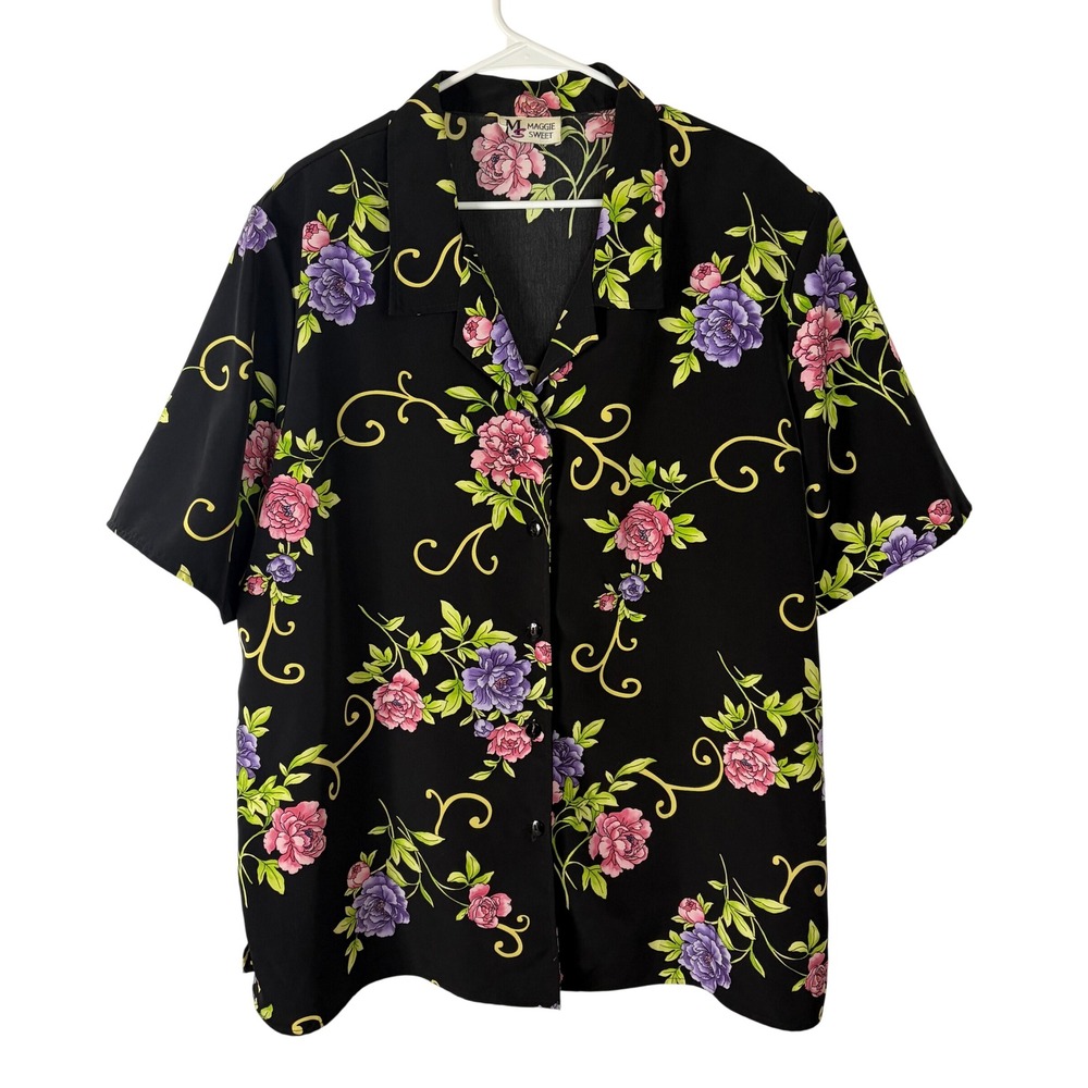 Maggie Sweet Vintage Floral Button Up Blouse Black Pink Purple Made in USA 2X